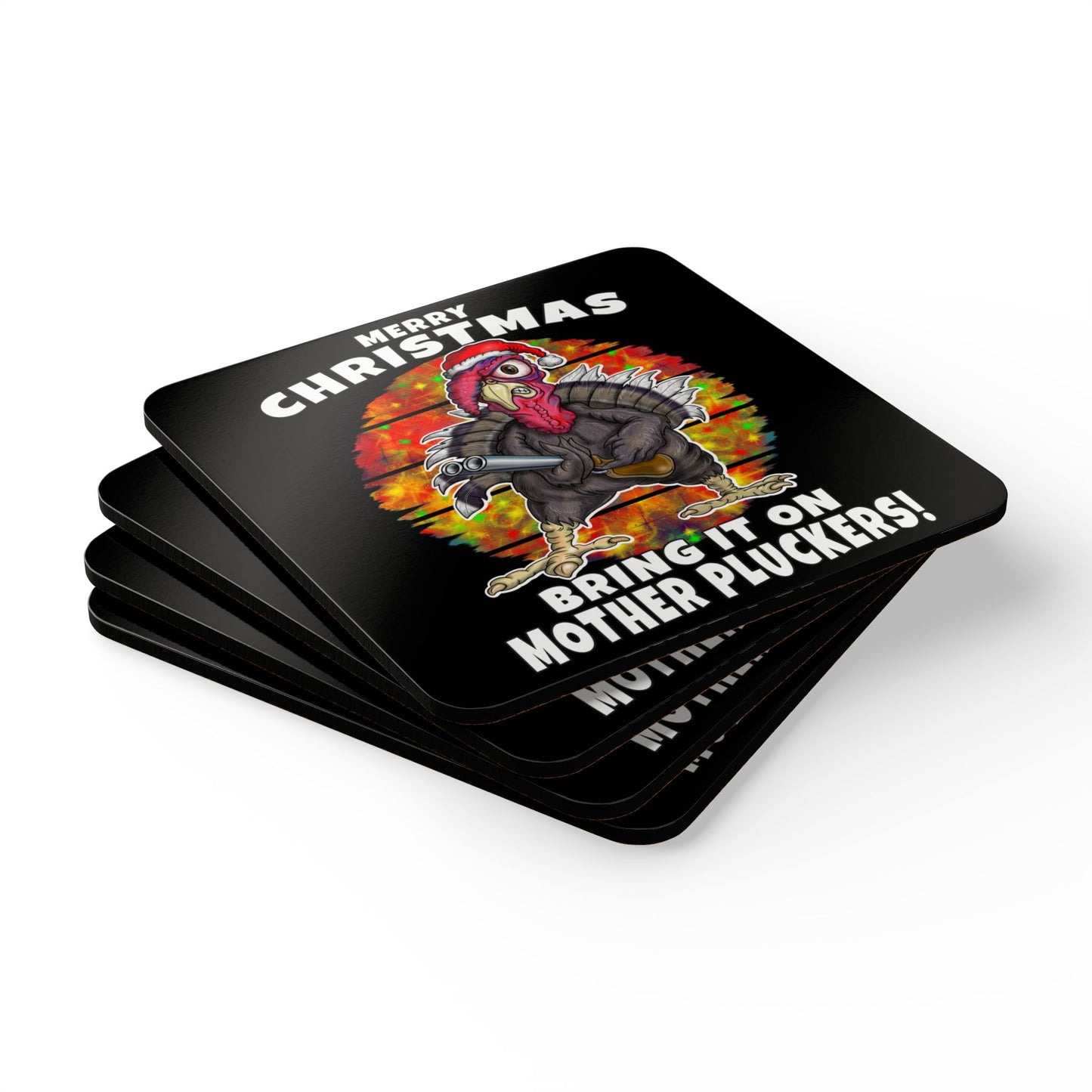 Christmas Turkey Cork Coaster Set — “Merry Christmas, Bring It On Mother Pluckers!” Holiday Drink Coasters