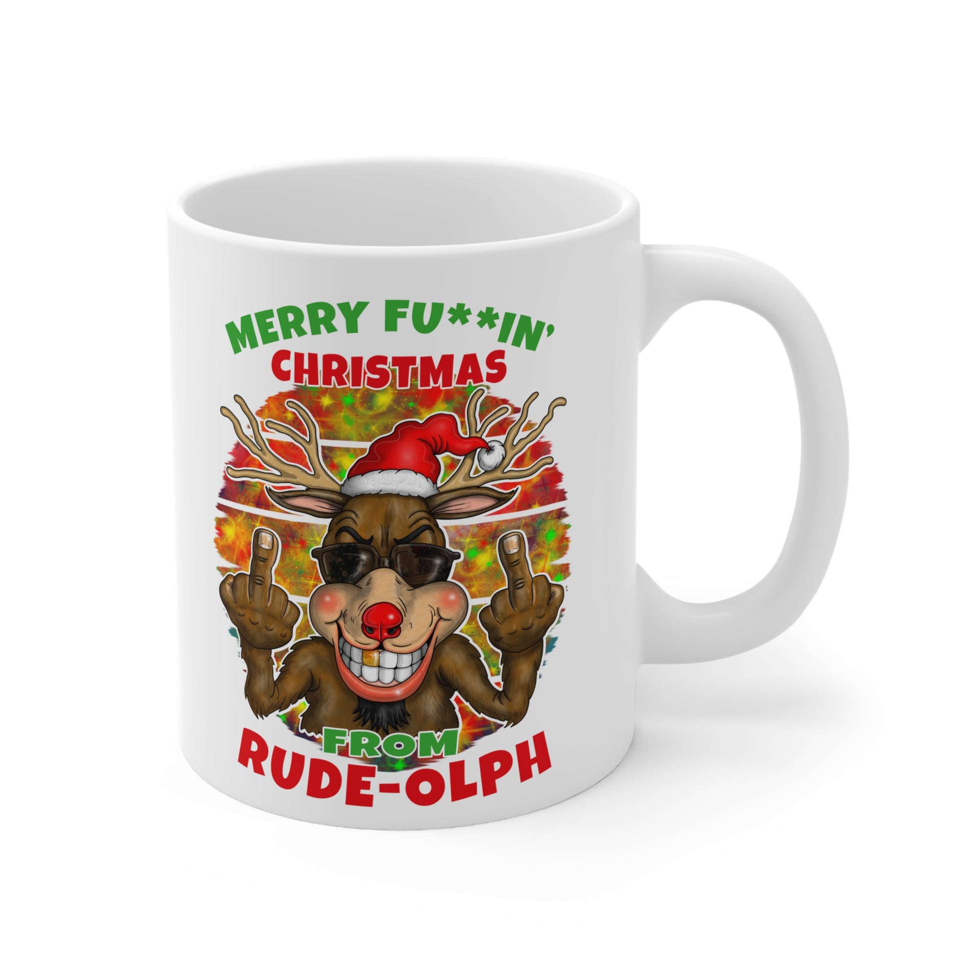 Rudolph Christmas Reindeer Mug - 'Merry Fu**in' Christmas from Rude-olph' 11oz Ceramic Coffee Cup