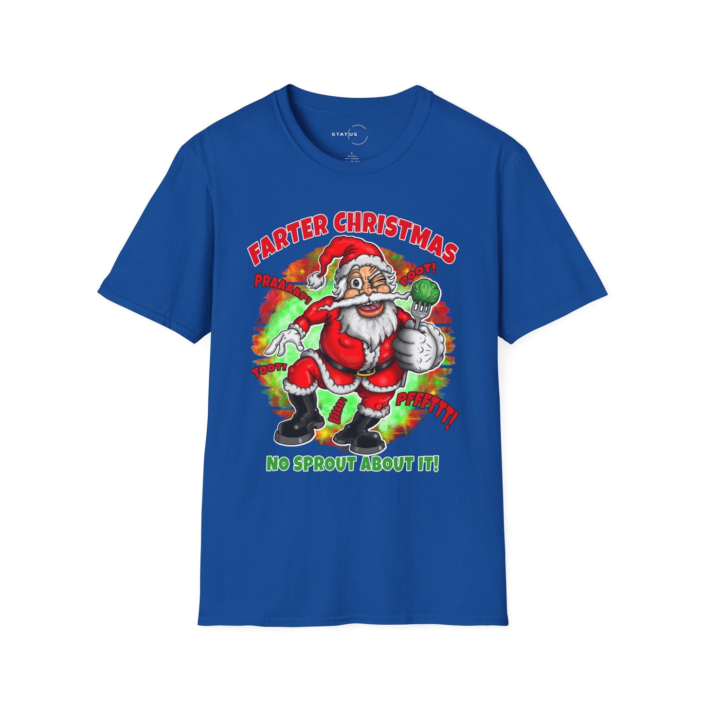 Funny Christmas T-Shirt — "Farter Christmas: No Sprout About It!" Santa Graphic Tee
