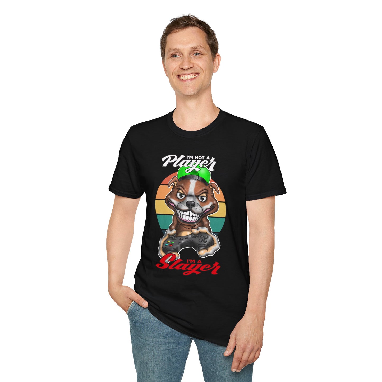 I'm Not A Player I'm A Slayer T-Shirt — Gamer Retro Pit Bull Graphic Tee
