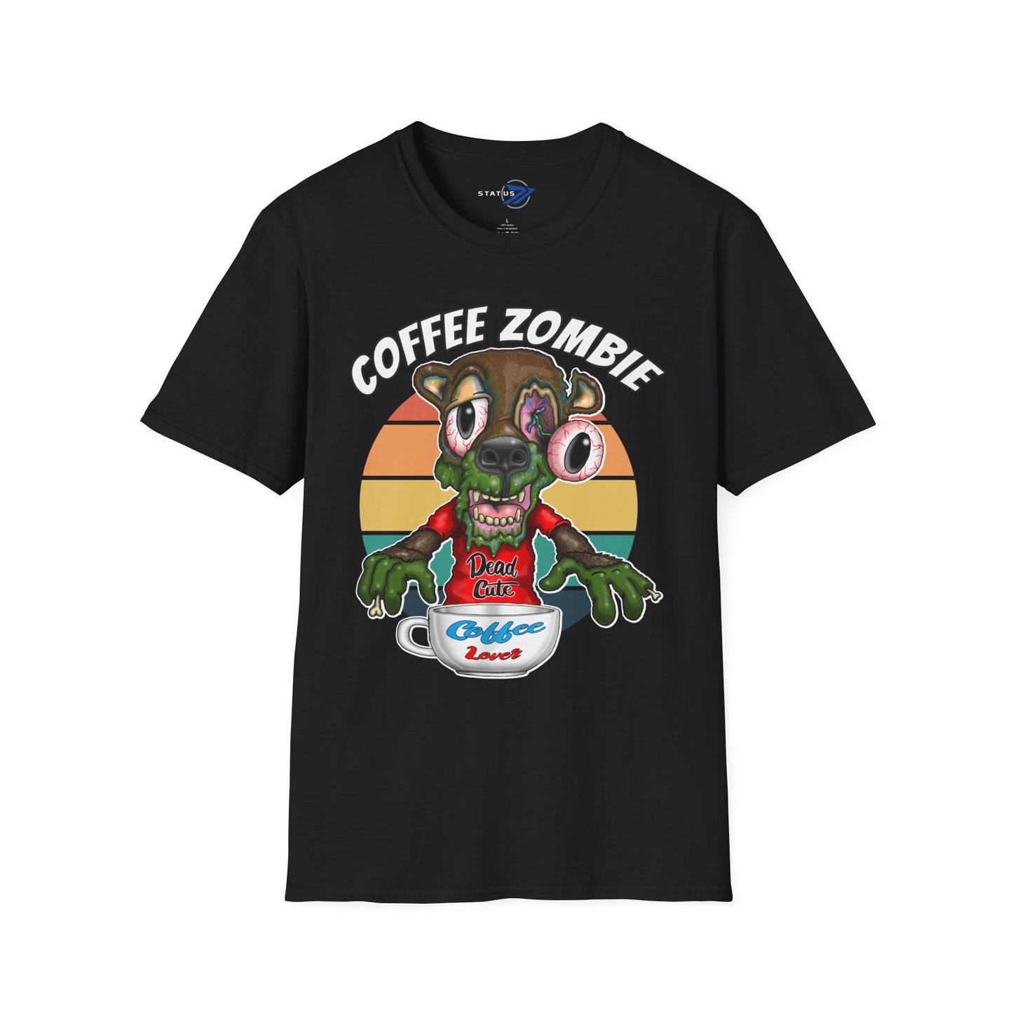 Coffee Zombie Bear T-Shirt — Retro Sunrise Coffee Lover Tee