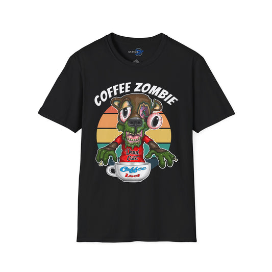 Coffee Zombie Bear T-Shirt — Retro Sunrise Coffee Lover Tee