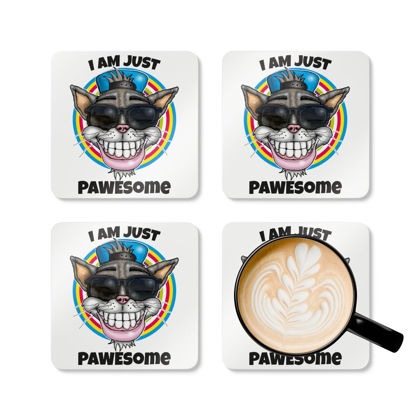 Pawesome Cat Cork Coaster Set – Funny 'I Am Just Pawesome' Drink Coasters
