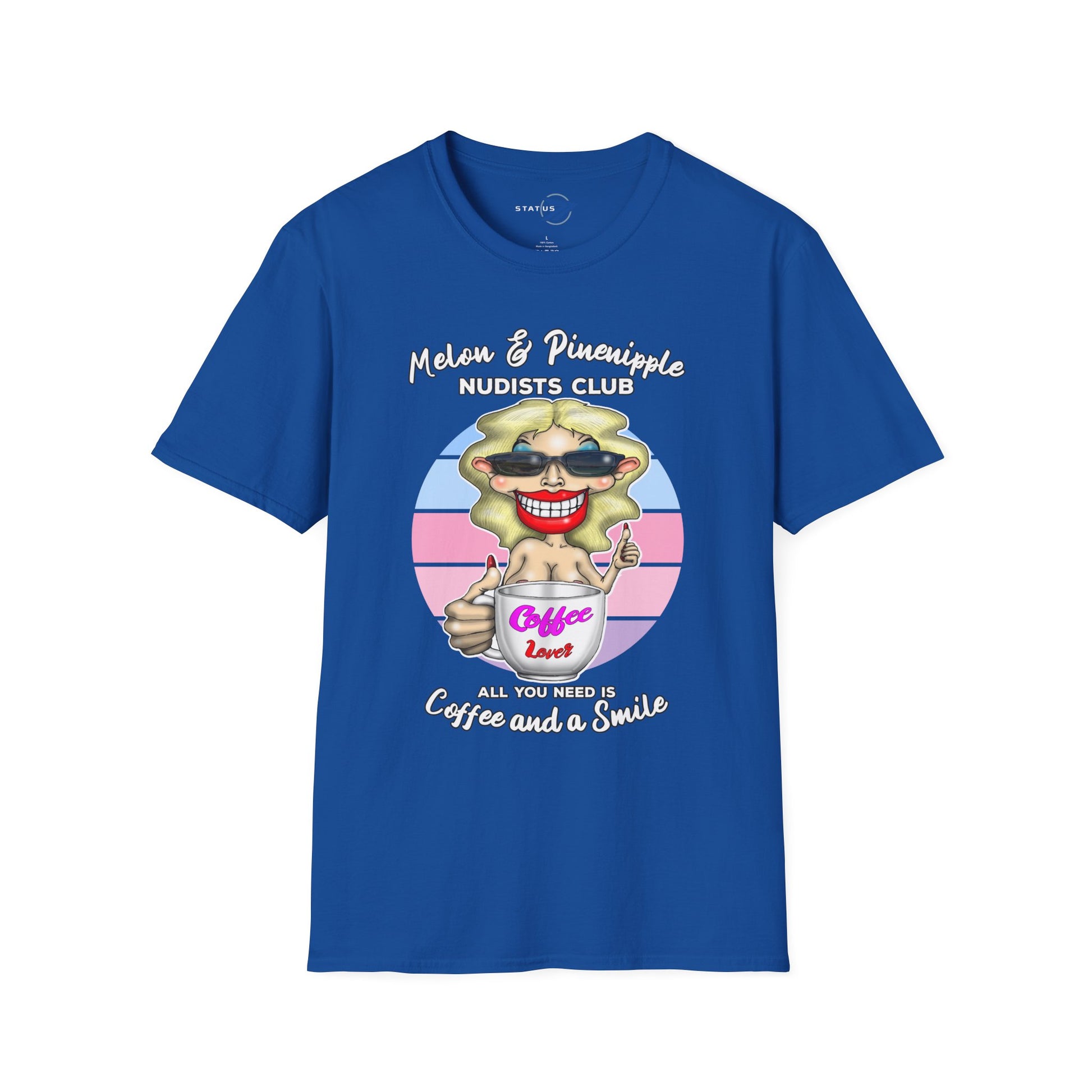Melon & Pineapple Nudists Club T-Shirt — "All You Need Is Coffee and a Smile" Vintage Graphic Tee