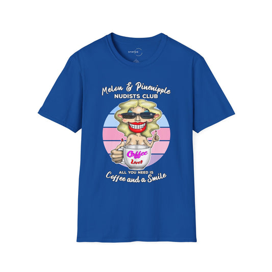 Melon & Pineapple Nudists Club T-Shirt — "All You Need Is Coffee and a Smile" Vintage Graphic Tee