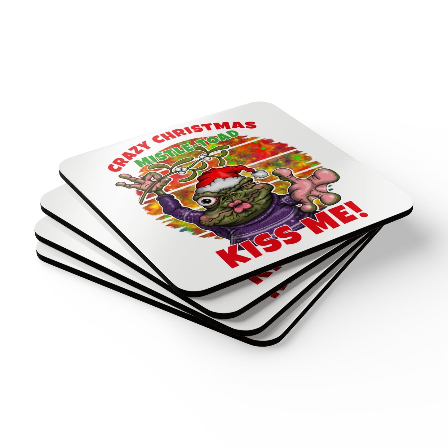 Cork Coaster Set — "Crazy Christmas Mistle-Toad Kiss Me" Holiday Drink Coasters
