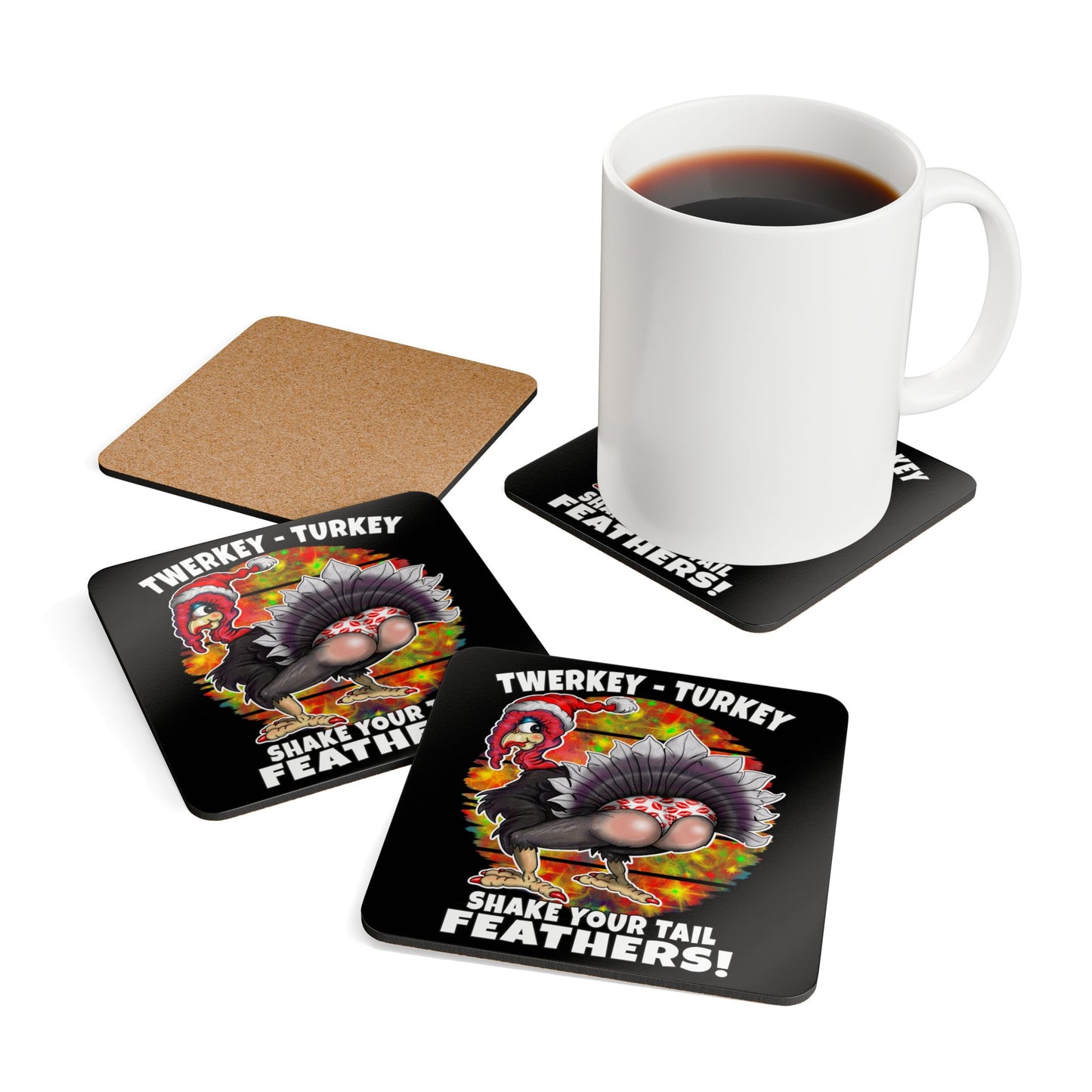 Cork Coaster Set — 'Twerkey Turkey' Funny Christmas Drink Coasters