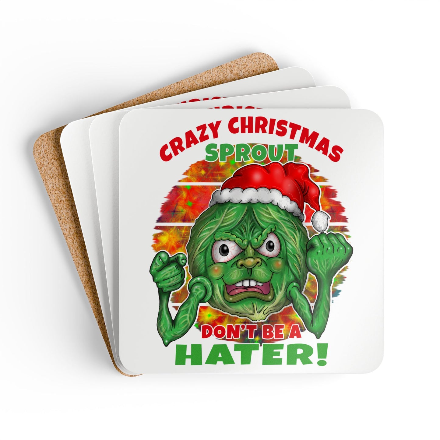 Coaster - "Crazy Christmas Sprout" Holiday Cork Drink Coaster Set (Don't Be a Hater!)