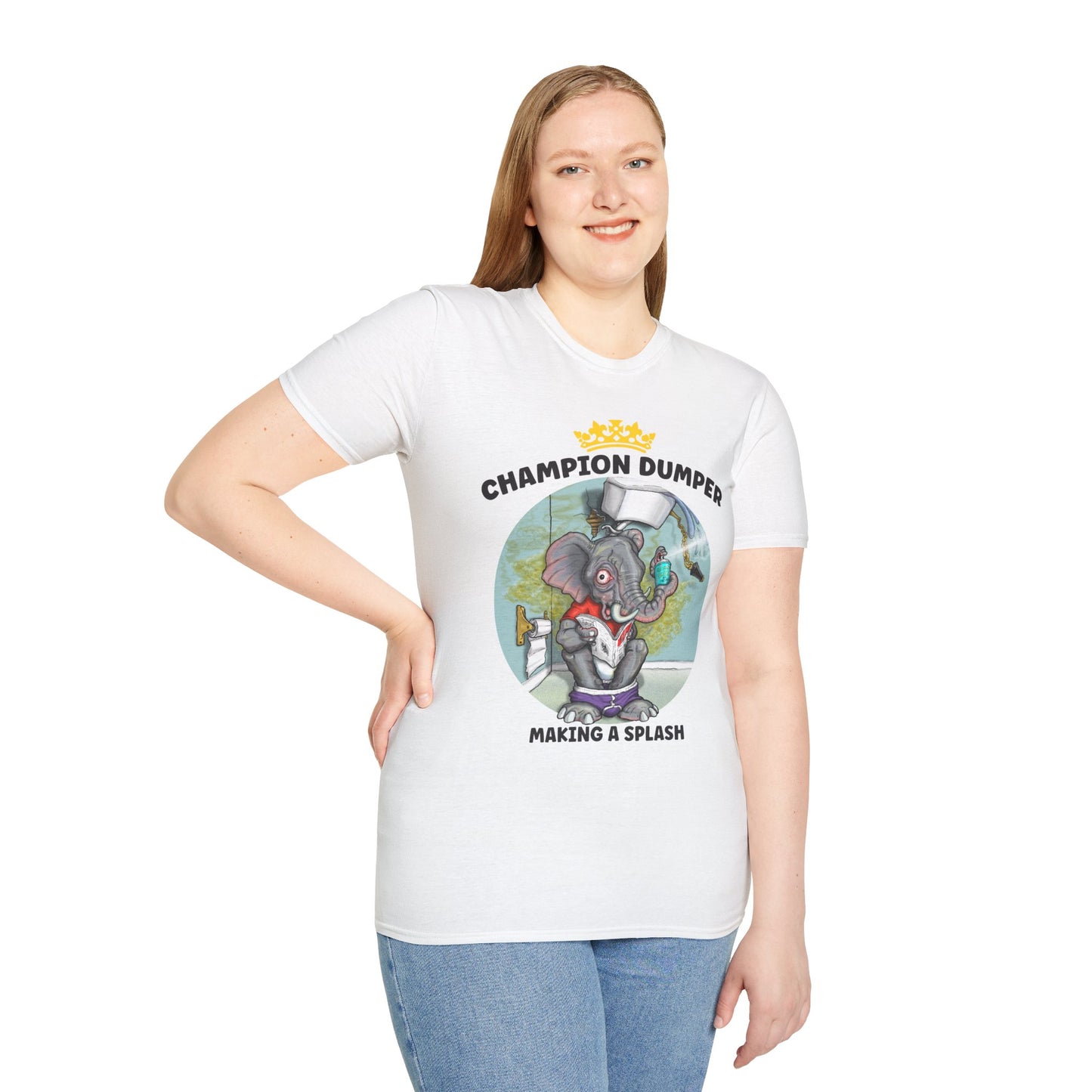Champion Dumper T-Shirt — Funny Novelty Elephant 'Making a Splash' Tee