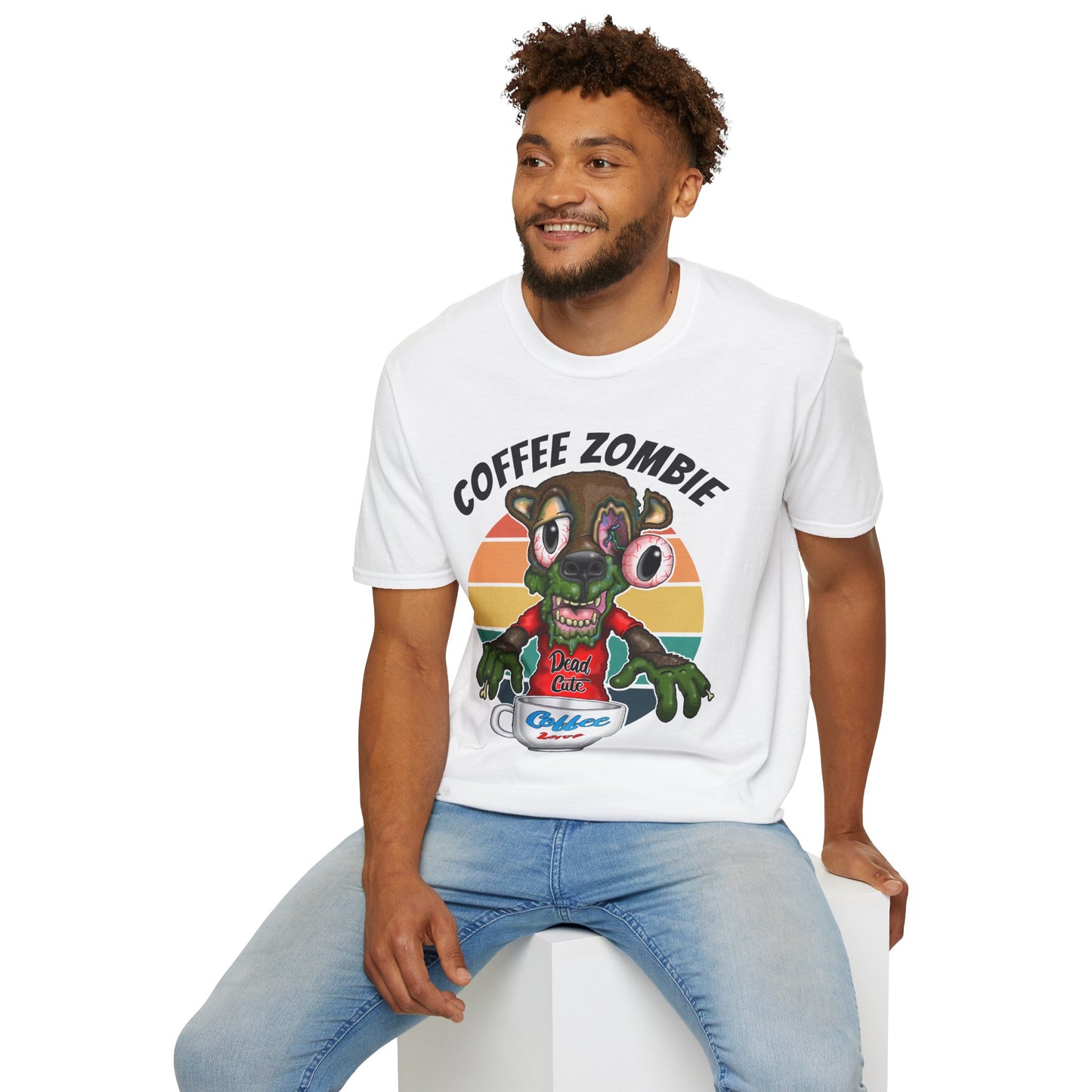 Coffee Zombie Bear T-Shirt — Retro Sunrise Coffee Lover Tee
