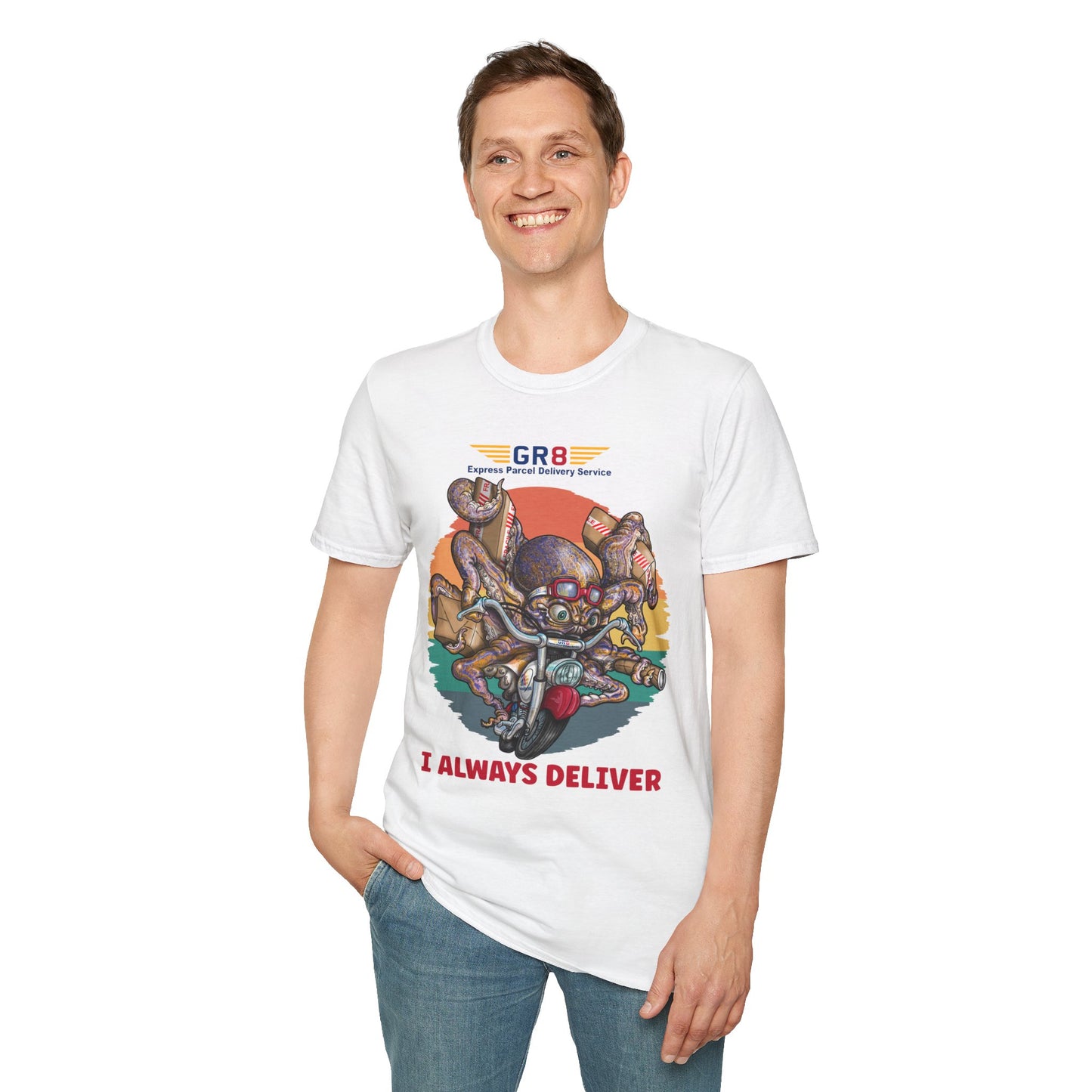 Delivery Octopus T-Shirt — "GR8 Express Parcel Delivery Service" Graphic Tee
