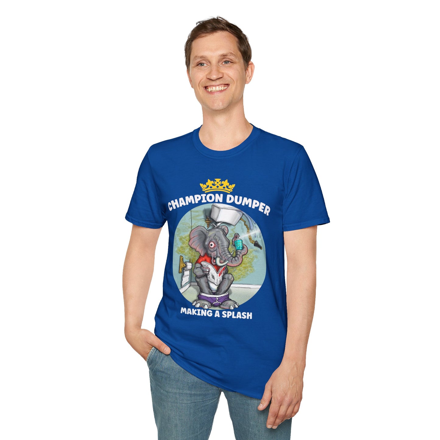 Champion Dumper T-Shirt — Funny Novelty Elephant 'Making a Splash' Tee