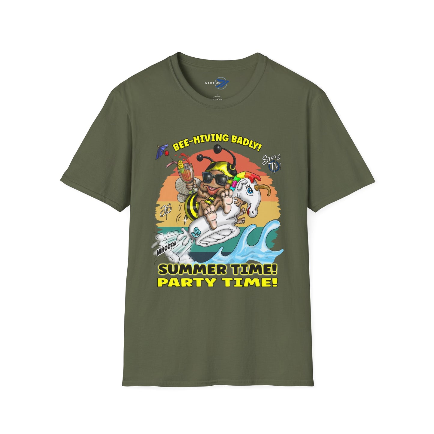 Summer Surf Party T‑Shirt — "Summer Time! Party Time!" Retro Surfing Bee Graphic