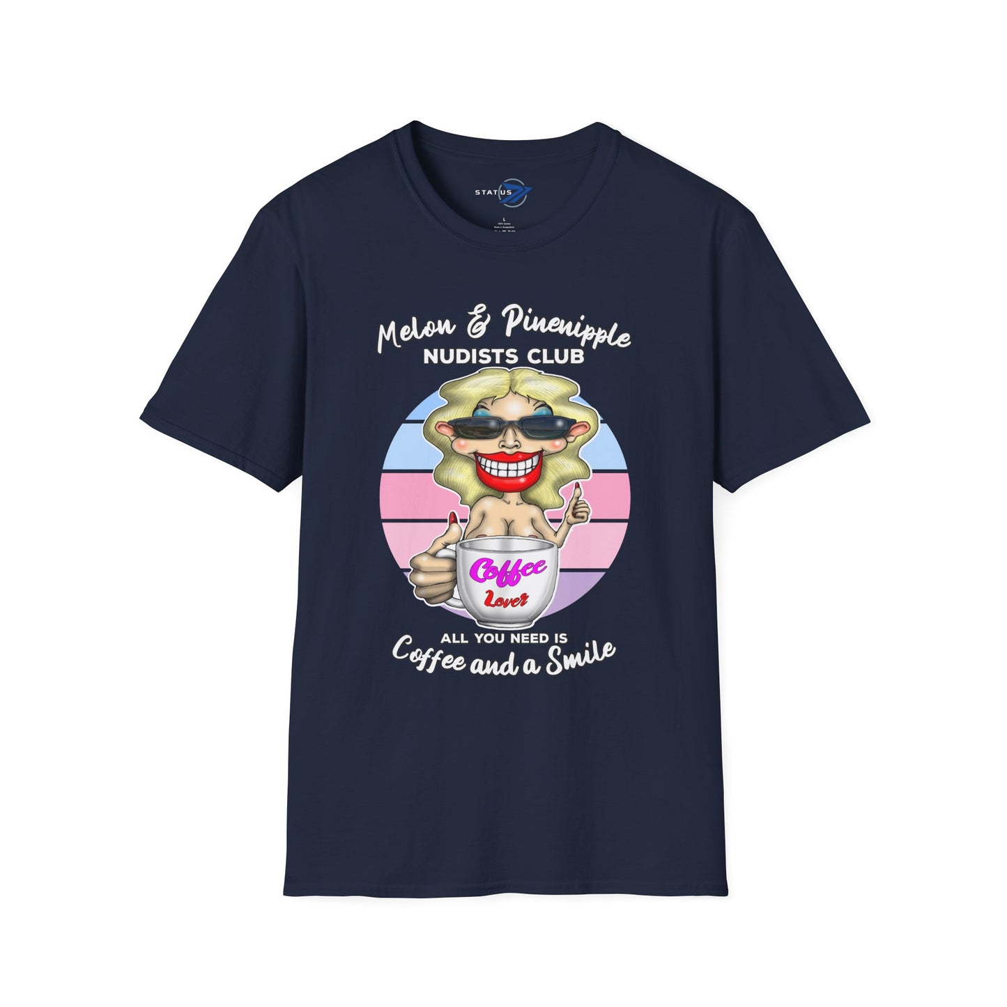 Melon & Pineapple Nudists Club T-Shirt — "All You Need Is Coffee and a Smile" Vintage Graphic Tee