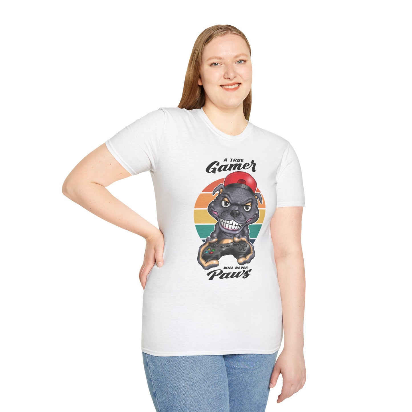 A True Gamer Never Paws T-Shirt — Retro Pit Bull Holding Game Controller Graphic Tee