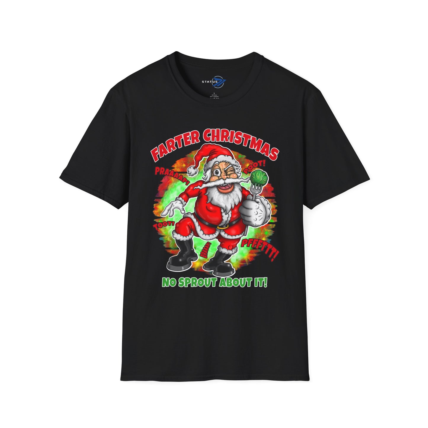 Funny Christmas T-Shirt — "Farter Christmas: No Sprout About It!" Santa Graphic Tee