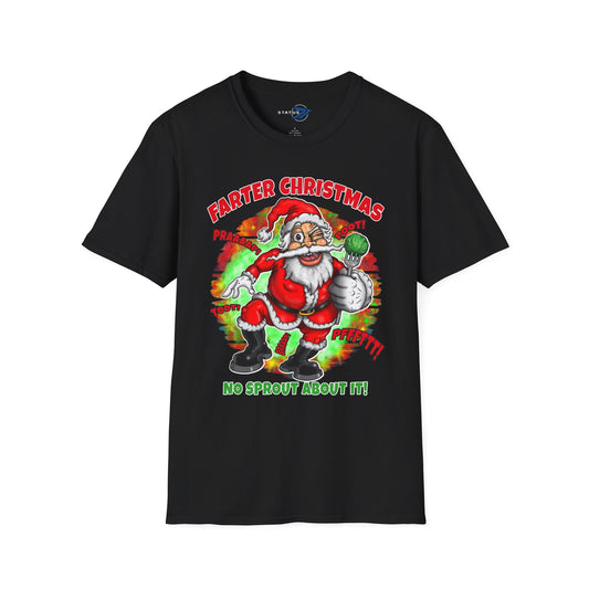 Funny Christmas T-Shirt — "Farter Christmas: No Sprout About It!" Santa Graphic Tee
