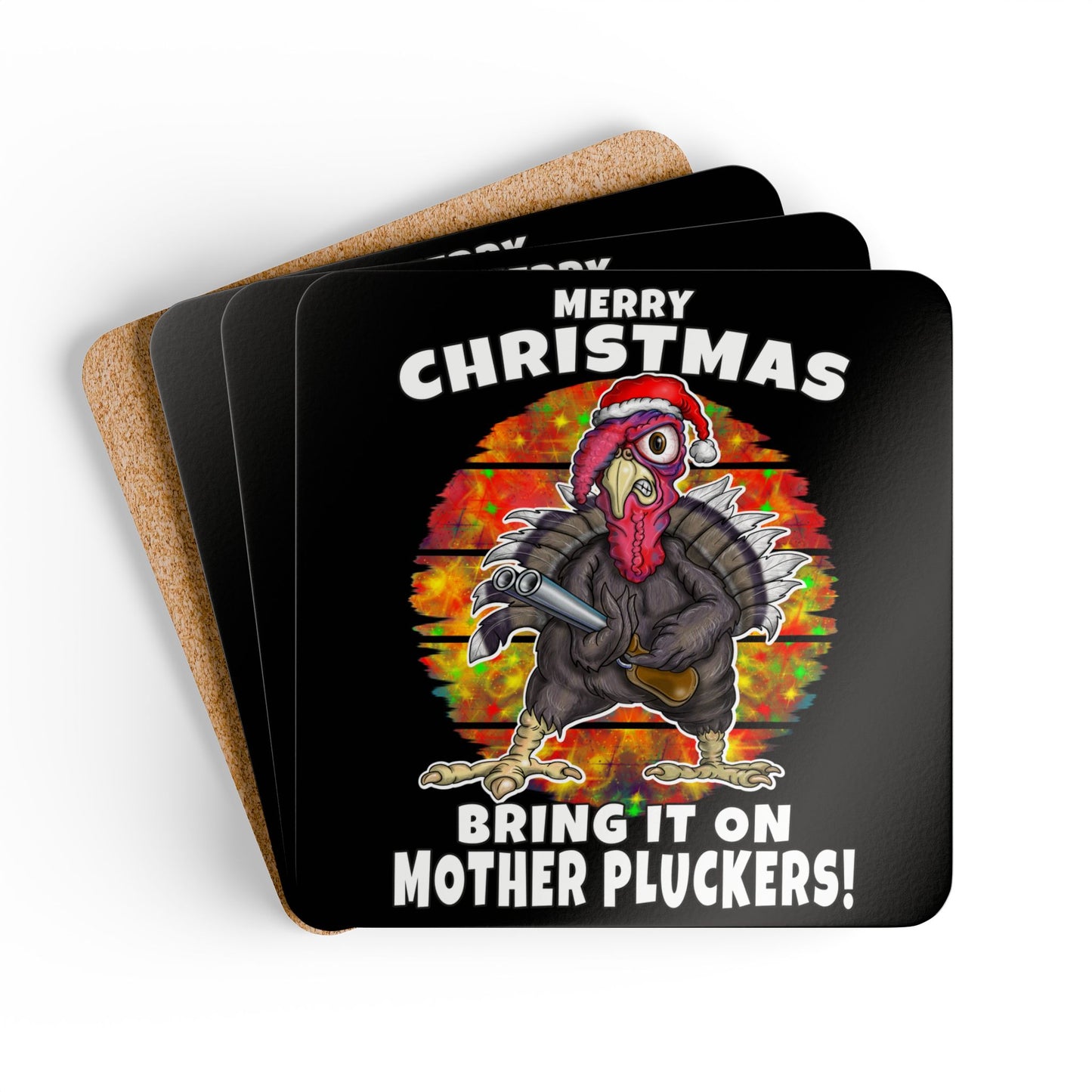 Christmas Turkey Cork Coaster Set — “Merry Christmas, Bring It On Mother Pluckers!” Holiday Drink Coasters