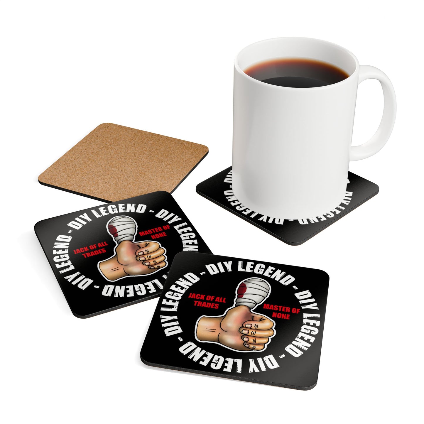 DIY Legend Cork Coaster Set — "Jack of All Trades, Master of None" Thumbs-Up Design
