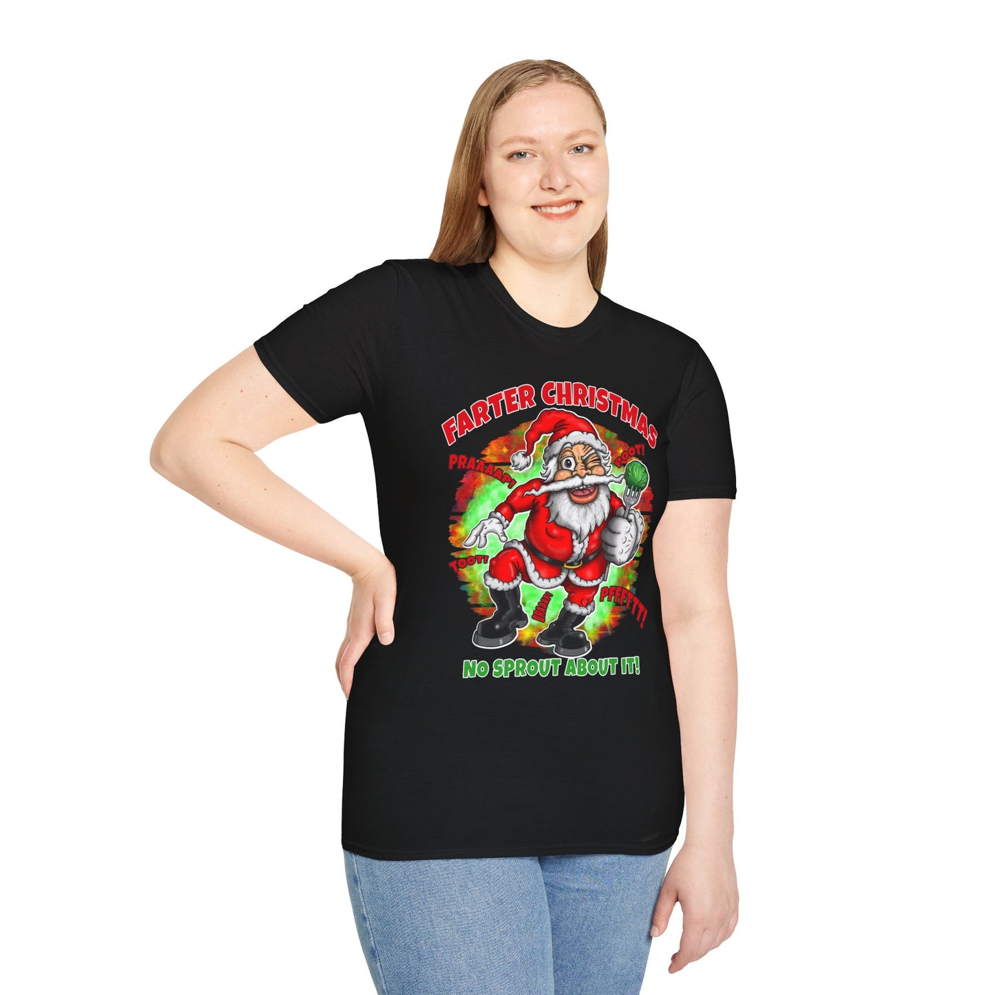 Funny Christmas T-Shirt — "Farter Christmas: No Sprout About It!" Santa Graphic Tee