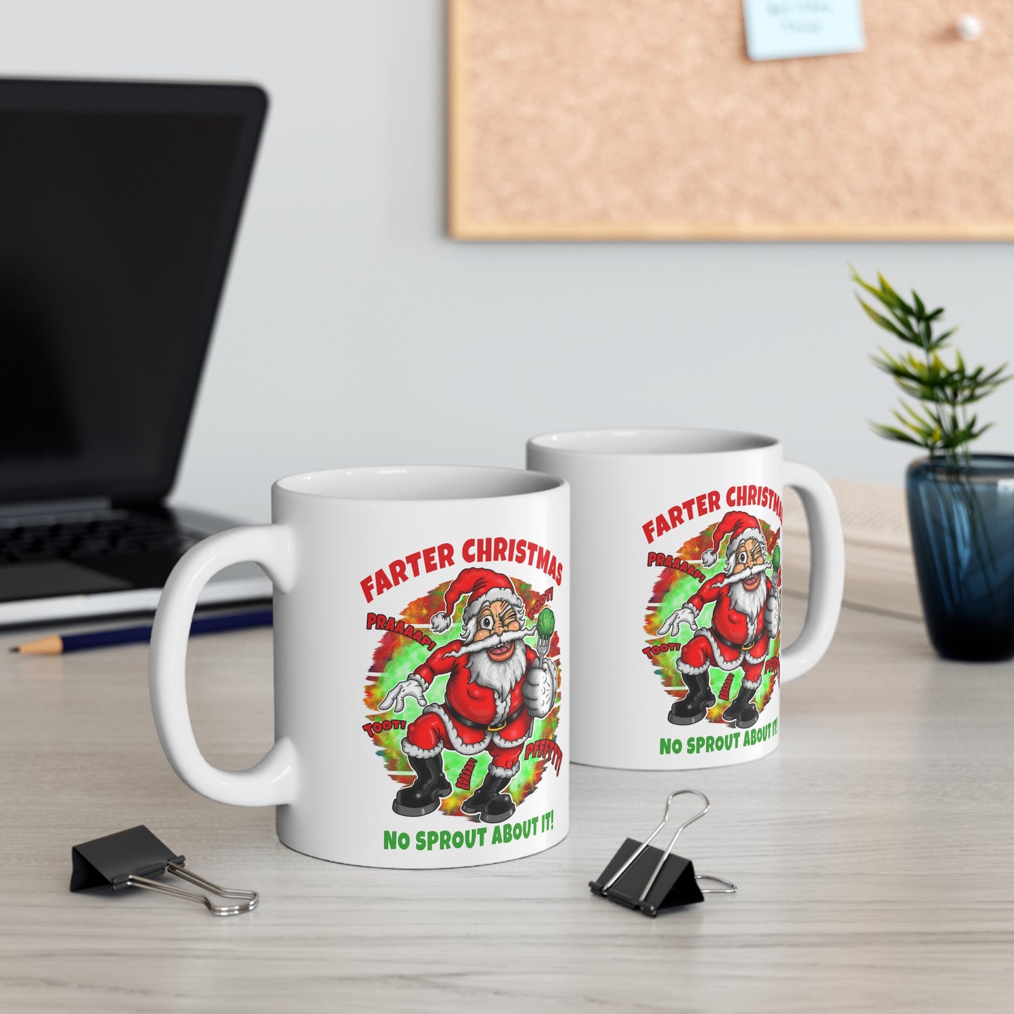 Funny Christmas Mug — "Farter Christmas" Santa with Brussels Sprout (11oz)