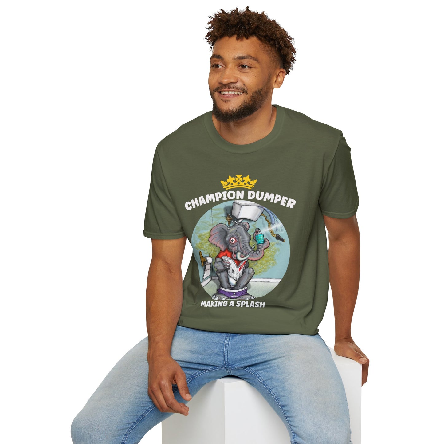 Champion Dumper T-Shirt — Funny Novelty Elephant 'Making a Splash' Tee