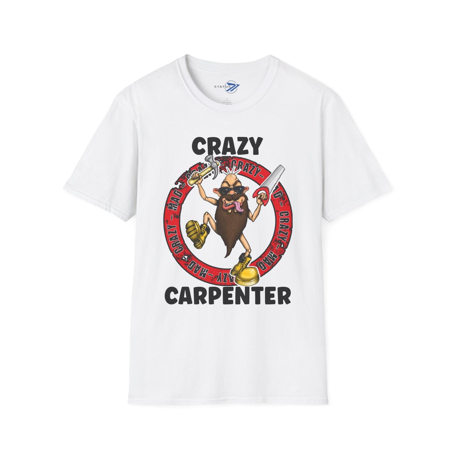 Crazy Carpenter T-Shirt — Funny Tool Mascot Tee for Woodworkers & Tradespeople