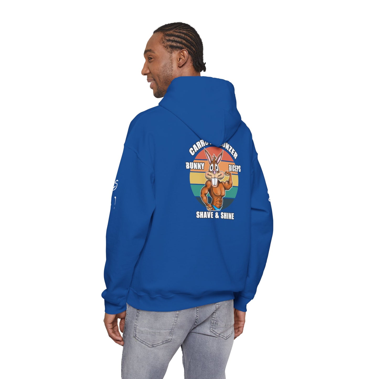 Funny 'Gym Bunny' Hoodie — Bunny Biceps & Carrot Bronzer Design