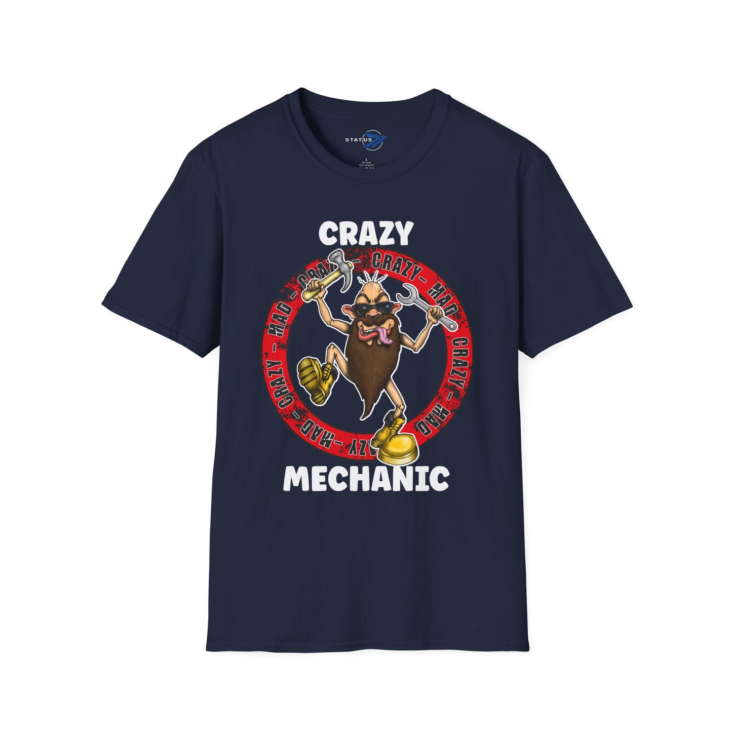Crazy Mechanic T-Shirt — Funny Wrench Cartoon Tee for Auto Technicians