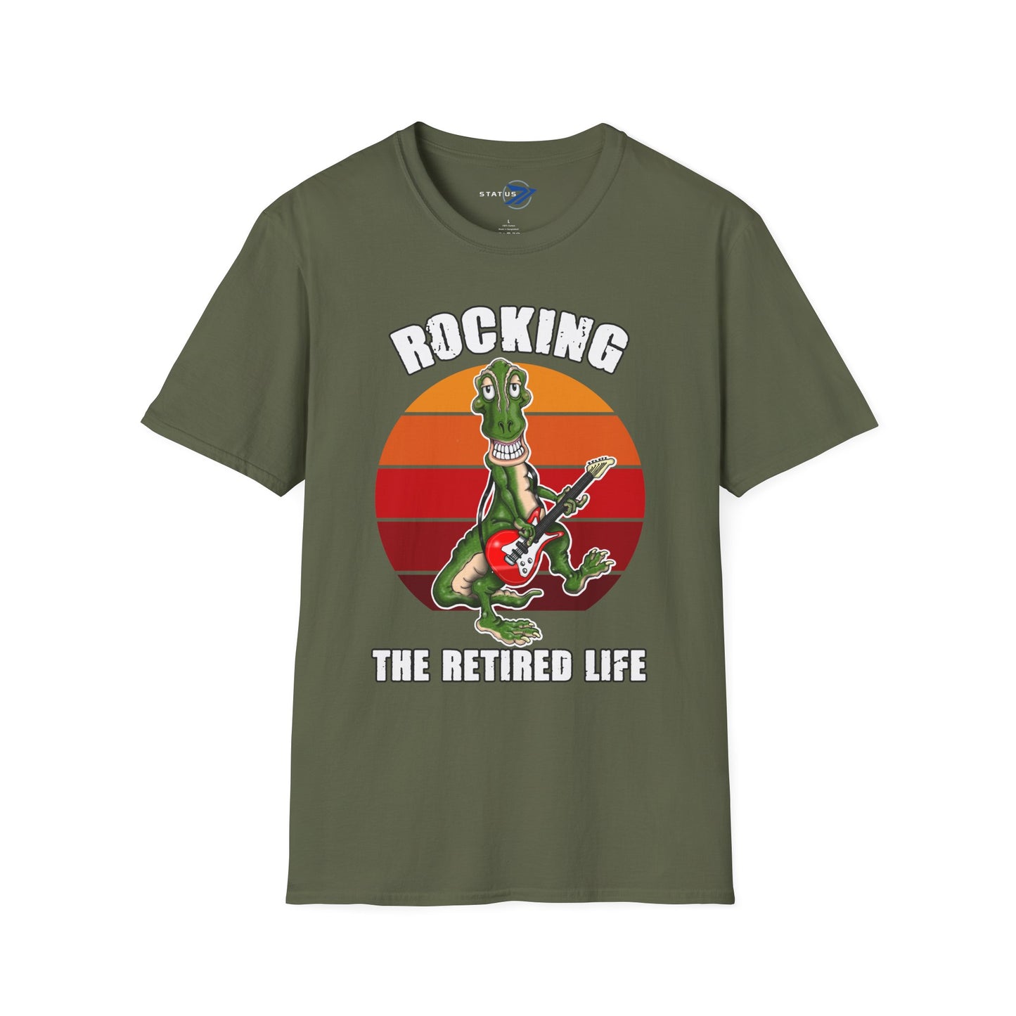 Rocking the Retired Life T-Shirt — Funny Retirement Guitar Dinosaur Tee