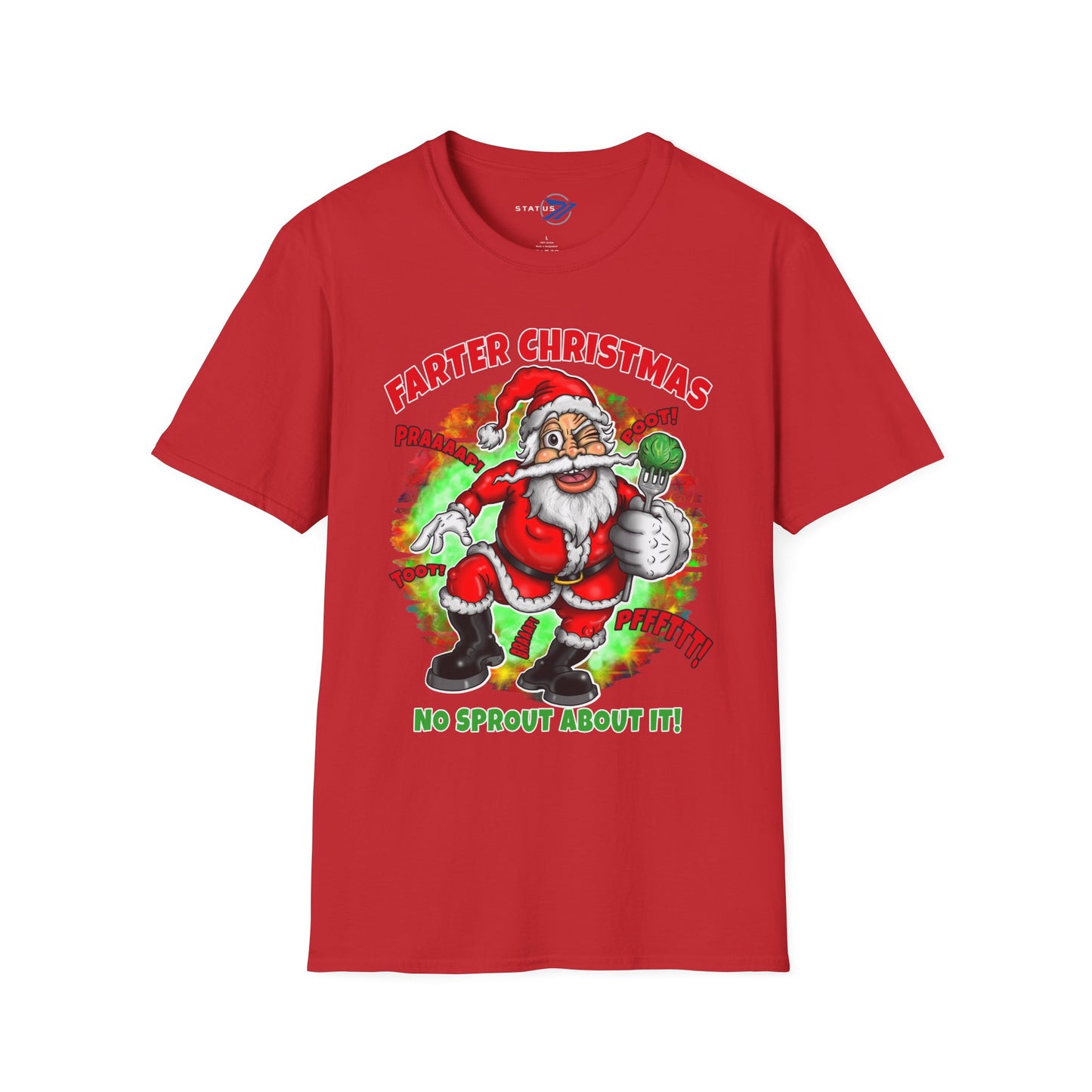 Funny Christmas T-Shirt — "Farter Christmas: No Sprout About It!" Santa Graphic Tee