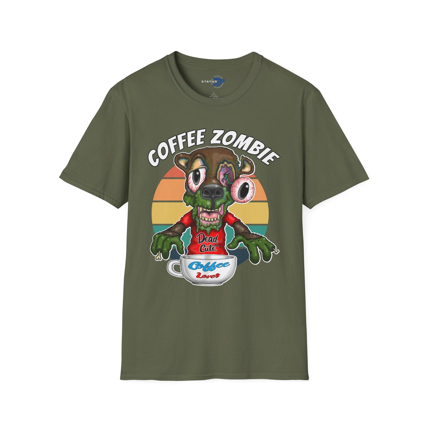 Coffee Zombie Bear T-Shirt — Retro Sunrise Coffee Lover Tee