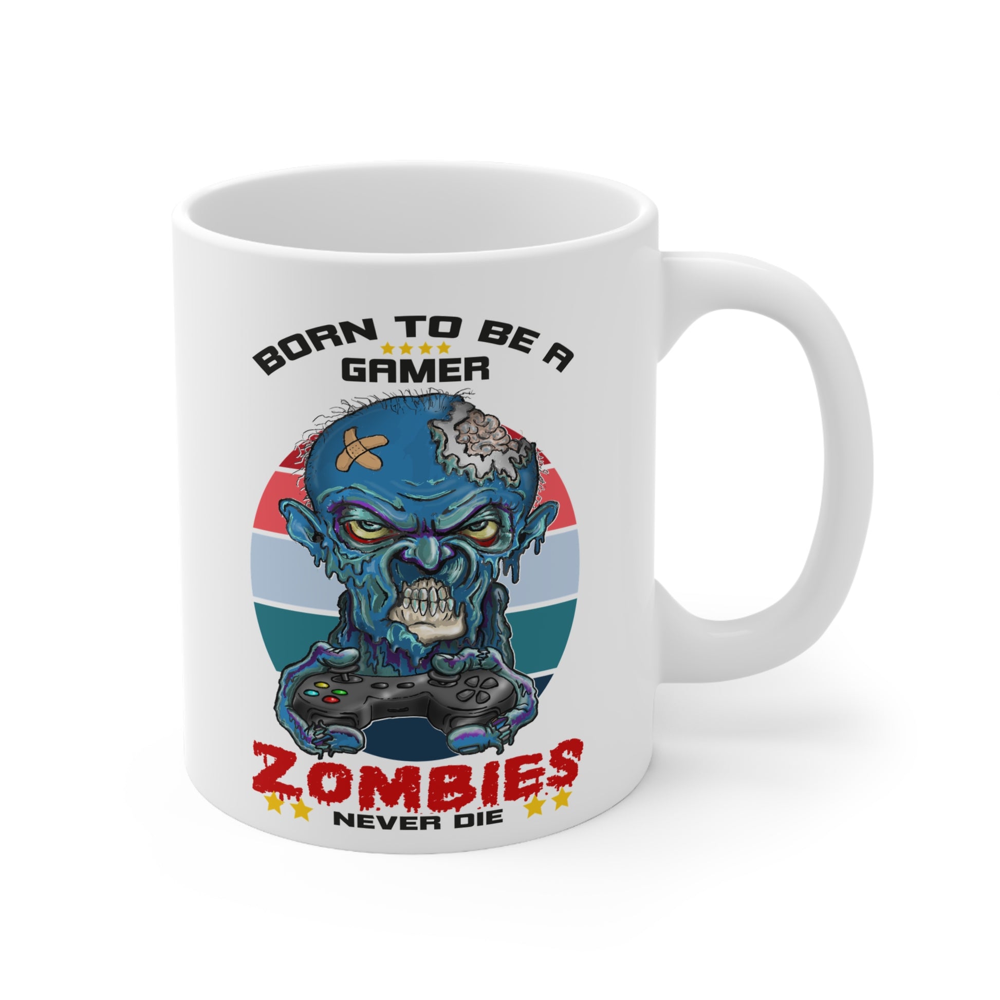 Gamer Mug — "Born to Be a Gamer, Zombies Never Die" Ceramic Coffee Cup