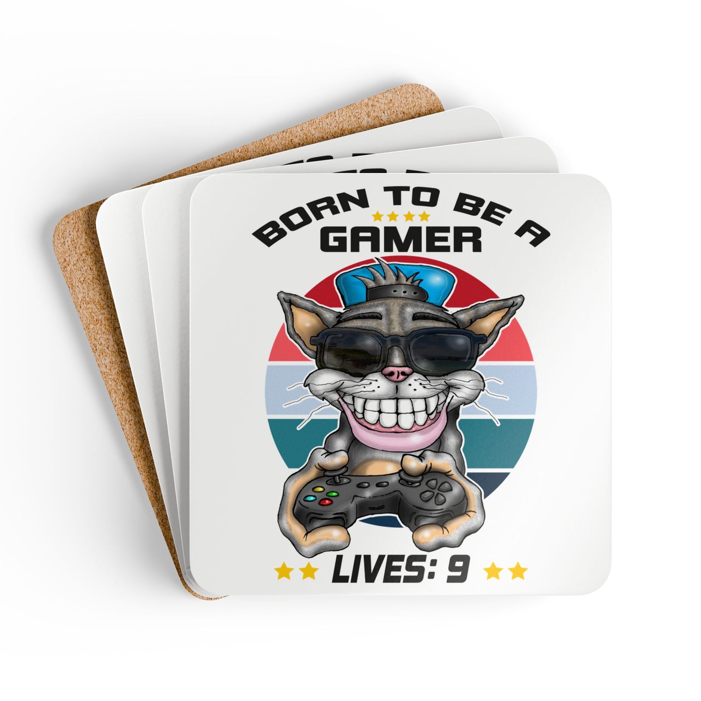 Gamer Cat Corkwood Coasters — "Born to Be a Gamer" Set (Lives: 9)