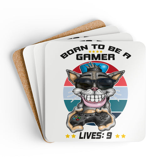 Gamer Cat Corkwood Coasters — "Born to Be a Gamer" Set (Lives: 9)