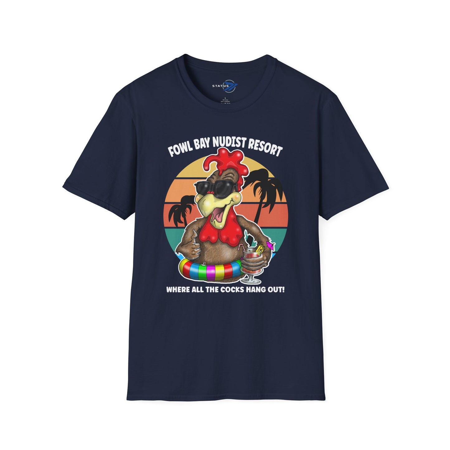 T-Shirt – Fowl Bay Nudist Resort Rooster Graphic Tee (Where All the Cocks Hang Out!)