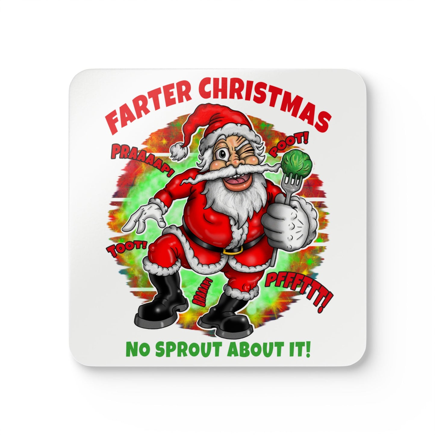 Funny Christmas Coasters — “Farter Christmas: No Sprout About It!” Holiday Drink Coaster Set