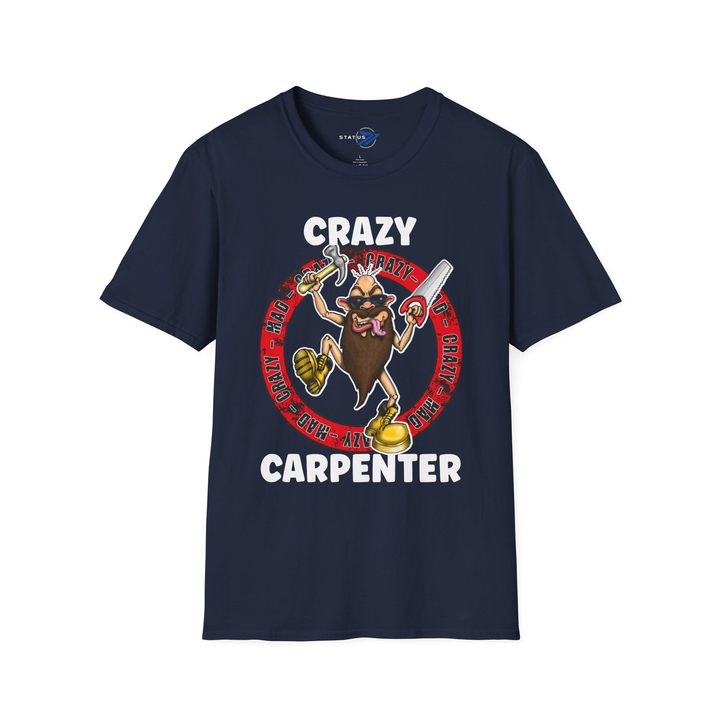 Crazy Carpenter T-Shirt — Funny Tool Mascot Tee for Woodworkers & Tradespeople