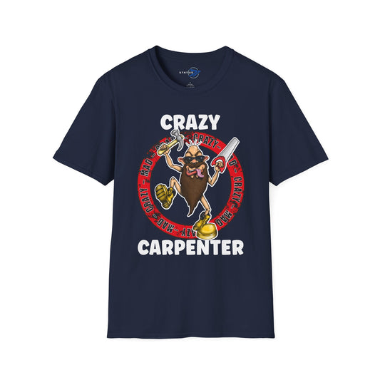 Crazy Carpenter T-Shirt — Funny Tool Mascot Tee for Woodworkers & Tradespeople