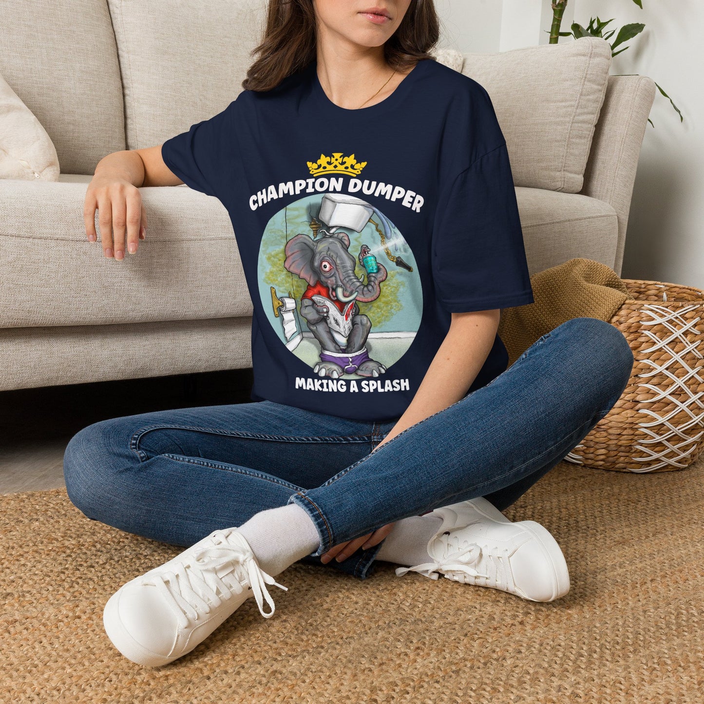 Champion Dumper T-Shirt — Funny Novelty Elephant 'Making a Splash' Tee