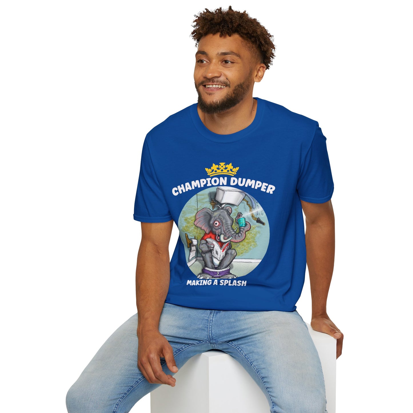 Champion Dumper T-Shirt — Funny Novelty Elephant 'Making a Splash' Tee