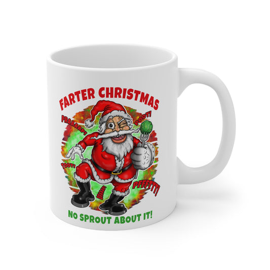 Funny Christmas Mug — "Farter Christmas" Santa with Brussels Sprout (11oz)