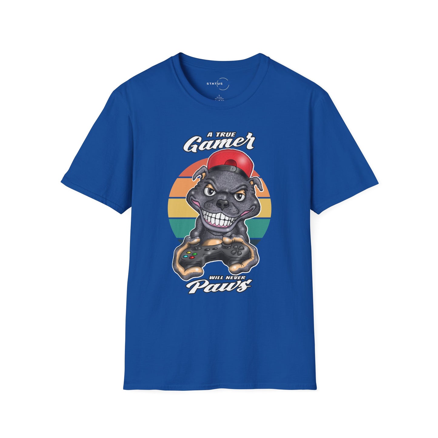 A True Gamer Never Paws T-Shirt — Retro Pit Bull Holding Game Controller Graphic Tee