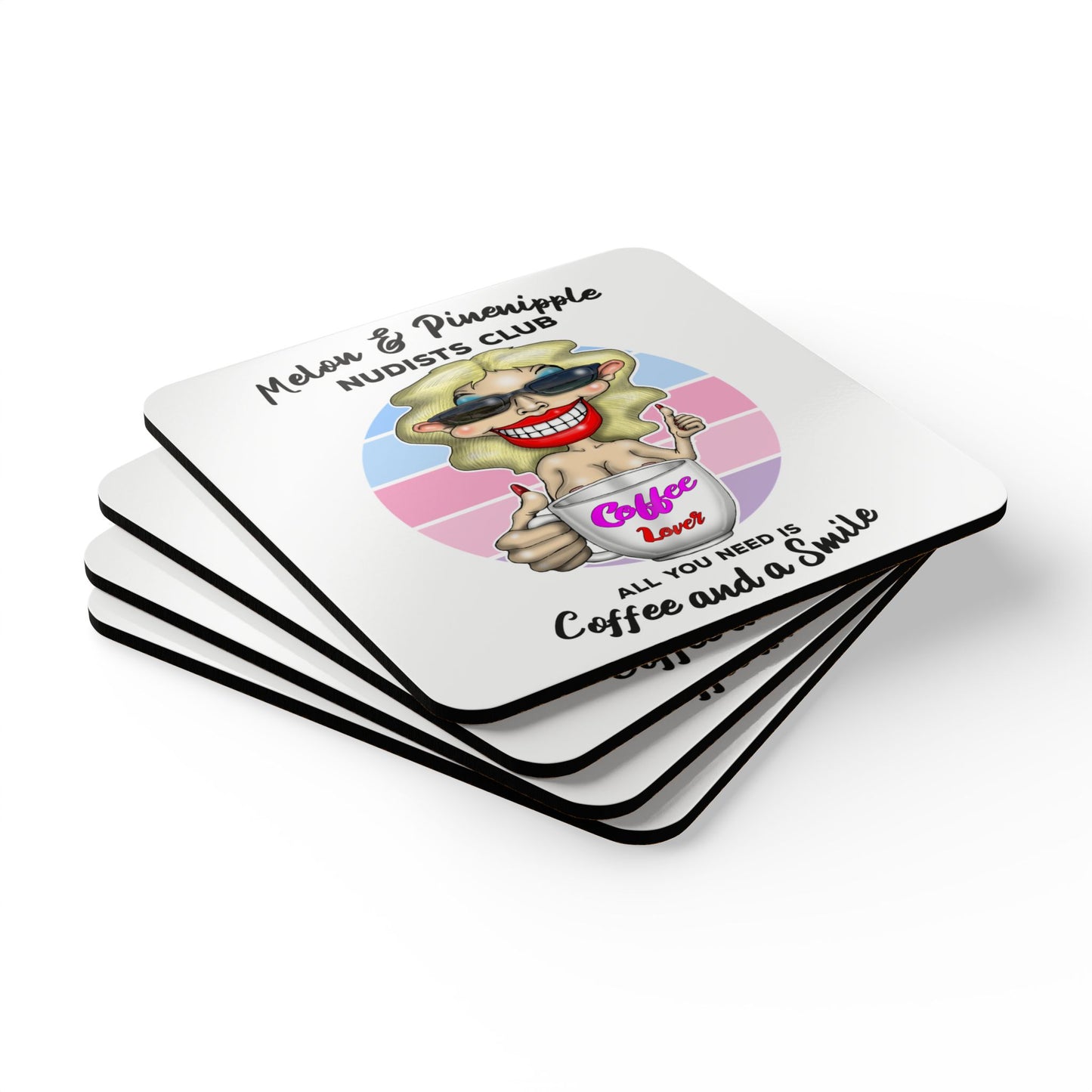 Cork Coaster Set — 'Melon & Pineapple Nudists Club' Coffee Lover Drink Coasters (All You Need Is Coffee and a Smile)