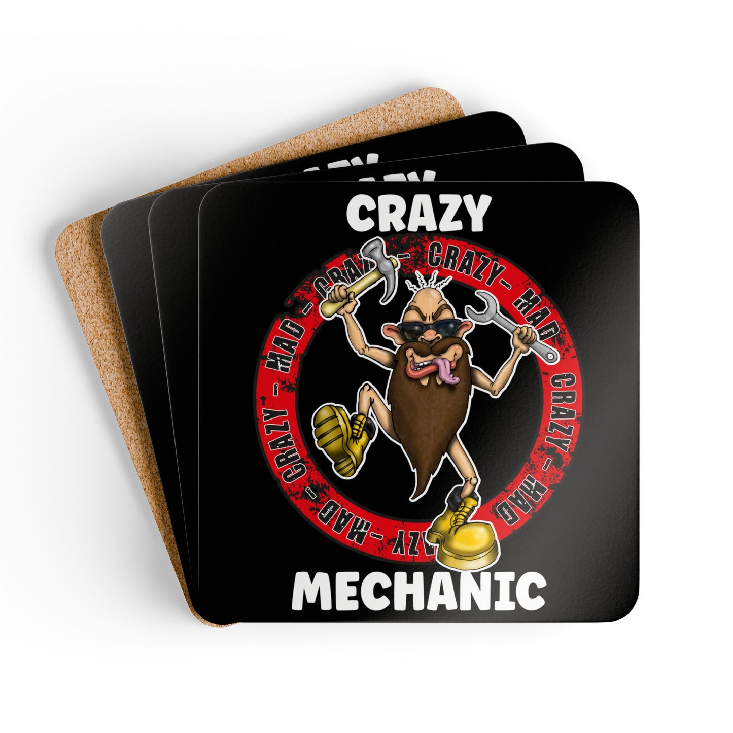 Crazy Mechanic Corkwood Coaster Set - Funny Bearded Mechanic Tools Drink Coasters