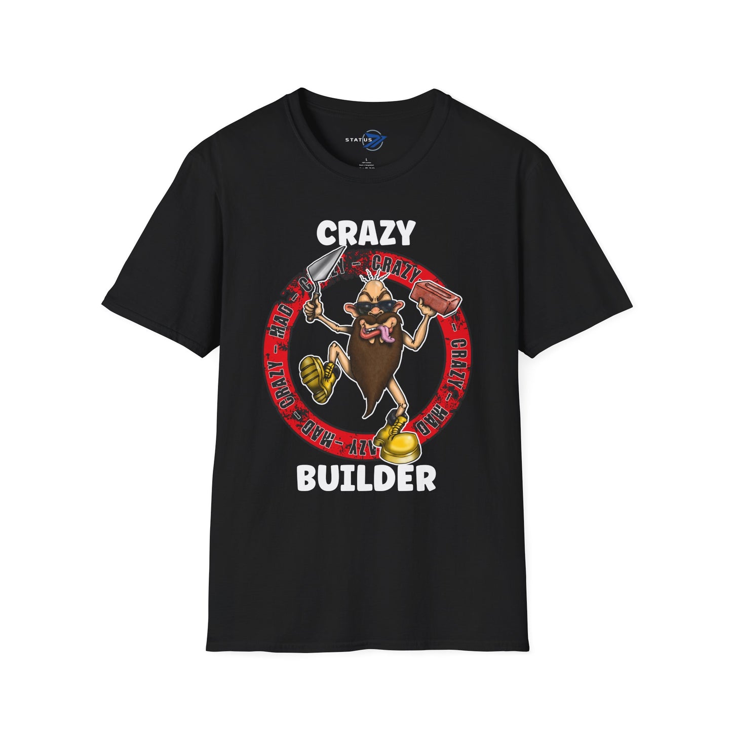 Crazy Builder T-Shirt — Funny Construction Worker Hardhat Mascot Tee