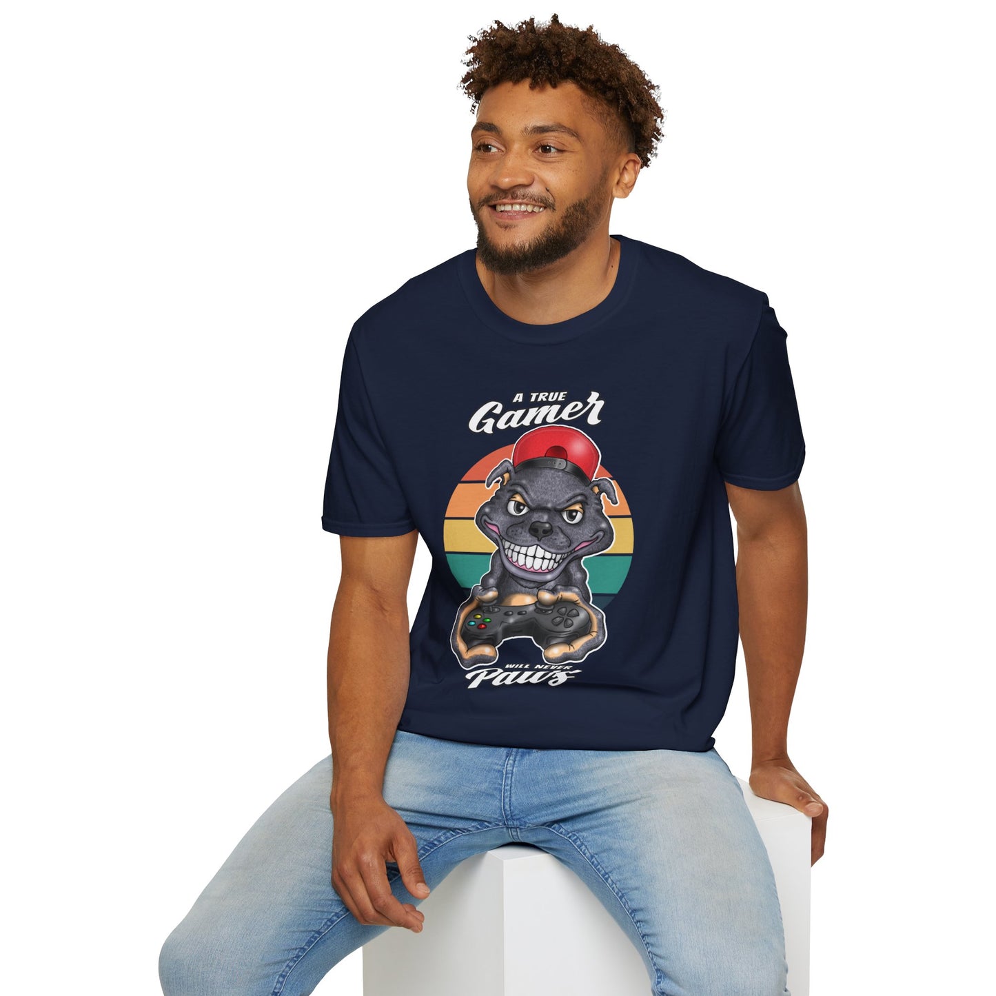 A True Gamer Never Paws T-Shirt — Retro Pit Bull Holding Game Controller Graphic Tee