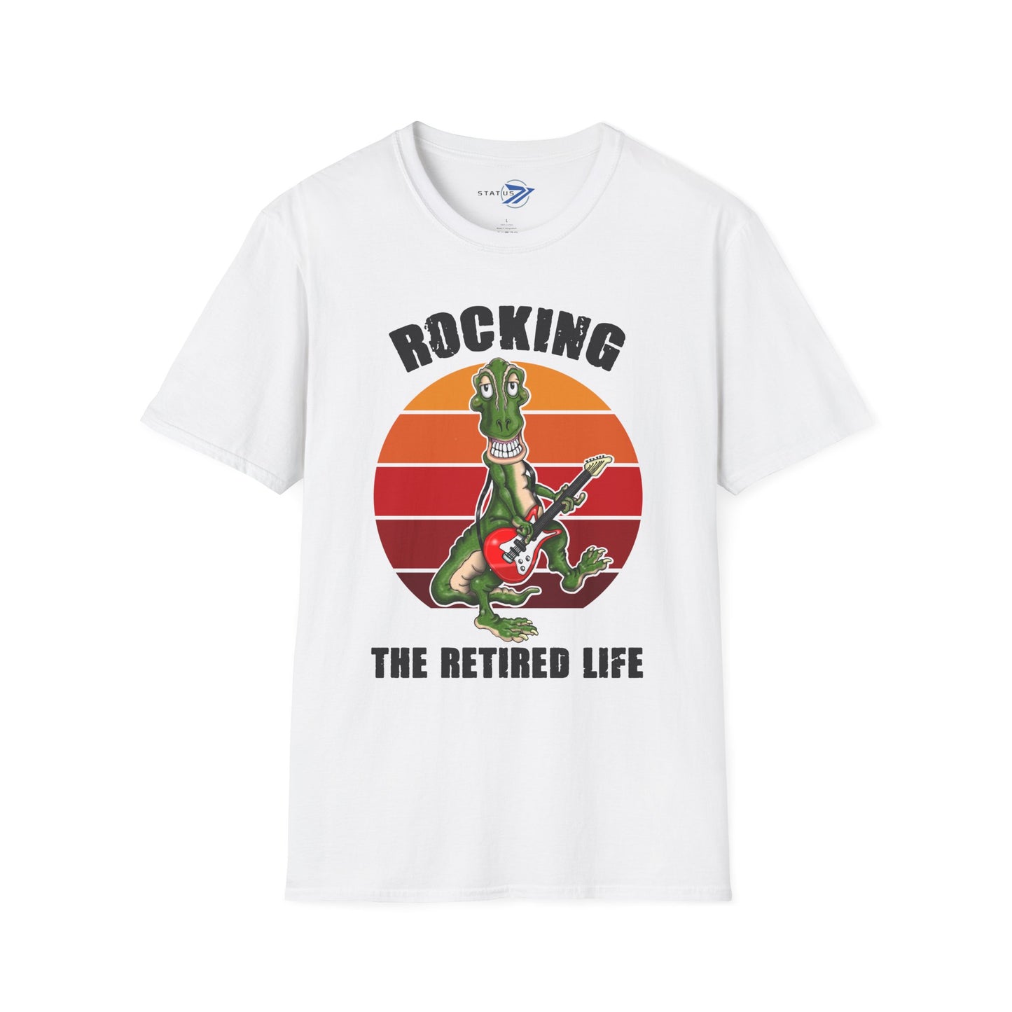 Rocking the Retired Life T-Shirt — Funny Retirement Guitar Dinosaur Tee
