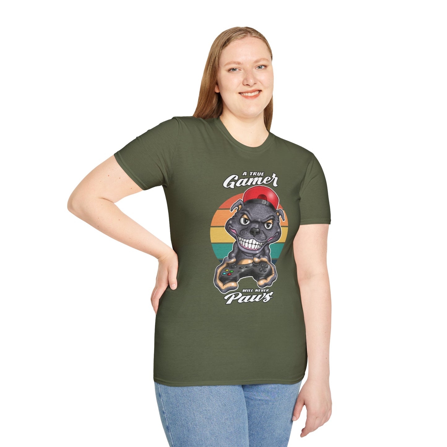 A True Gamer Never Paws T-Shirt — Retro Pit Bull Holding Game Controller Graphic Tee