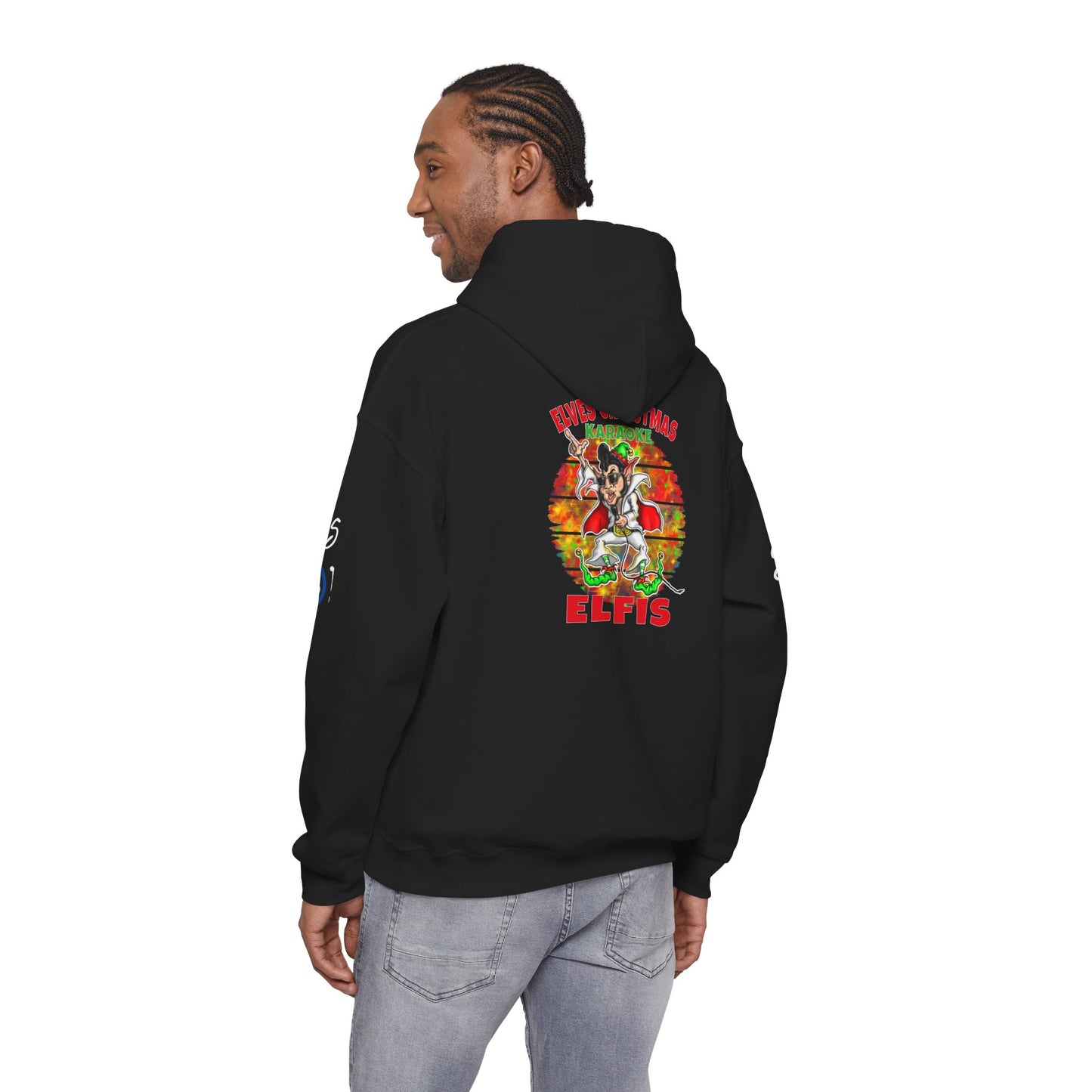 Christmas Elfis rock 'n' roll Elf Hoodie — “Elves karaoke party” Funny Holiday Pullover